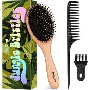 BeKind Nature Bristles (4 pcs) Wooden Hair Brush and Hair Comb Kit with Gift Bag